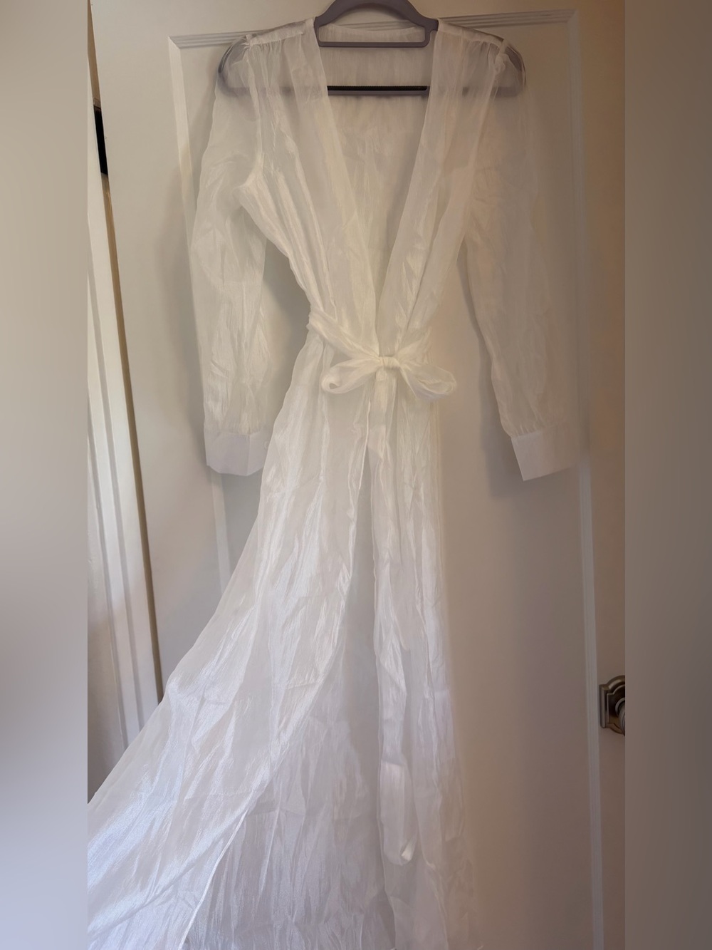 Sheer White Tie Waist Maxi Duster Kimono Topper Wrap